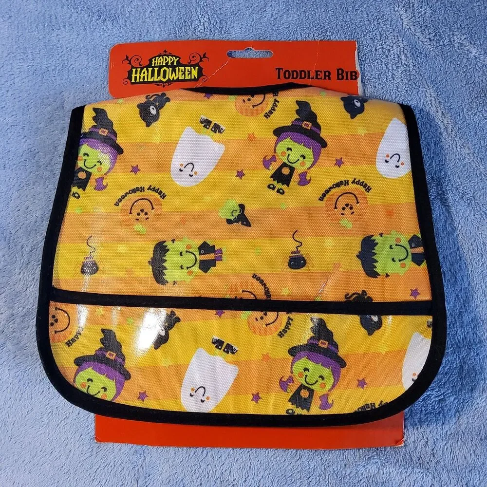 Happy Halloween Toddler Bib NIP Waterproof Pocket Witch Ghost Frankenstein 2012